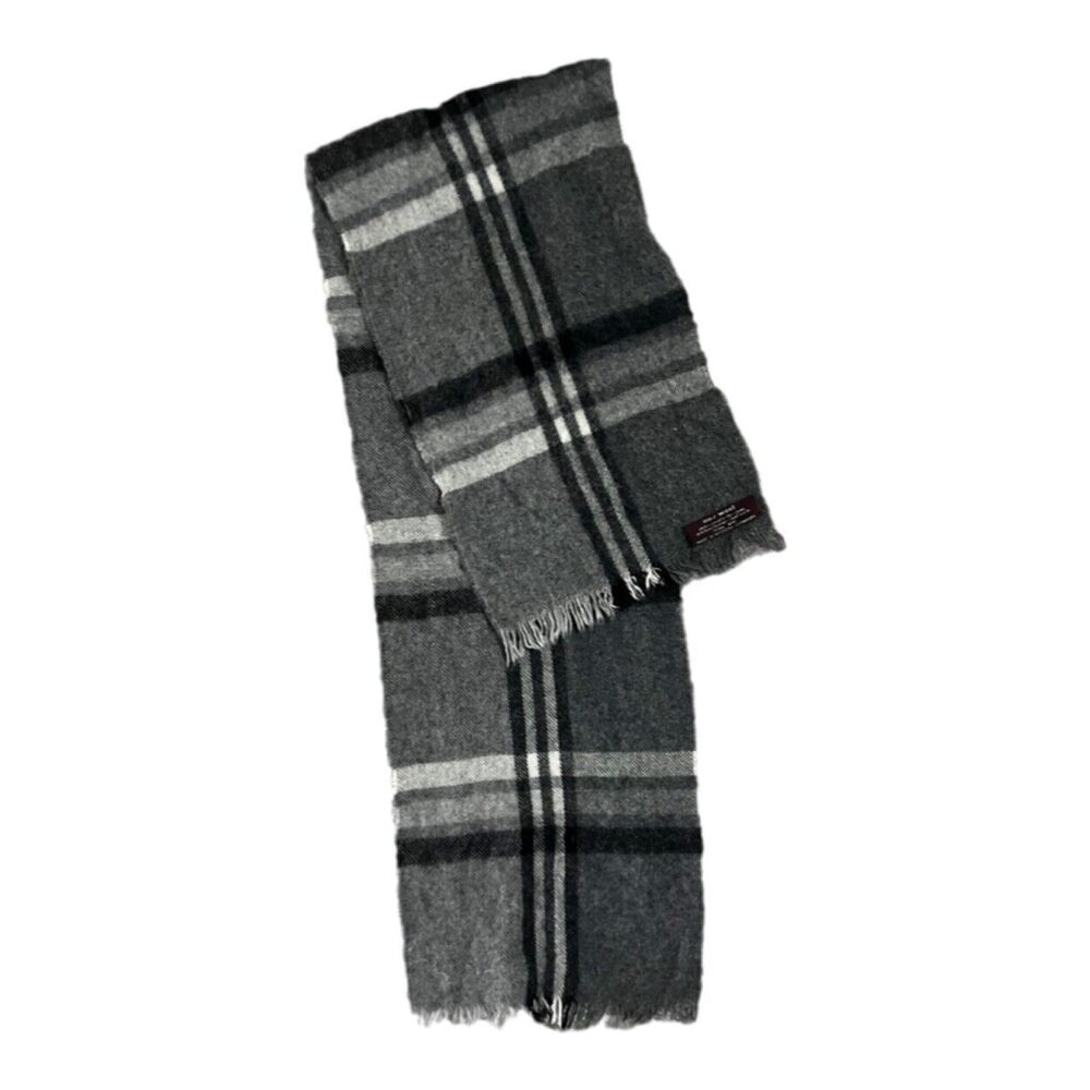 Western Germany 100% Wool Vintage Plaid Neutral Gray Black Scarf